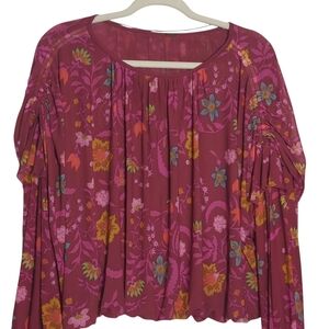 Free People Large Cropped Floral Blouse Boho Chic Feminine Flirty Colorful Deco